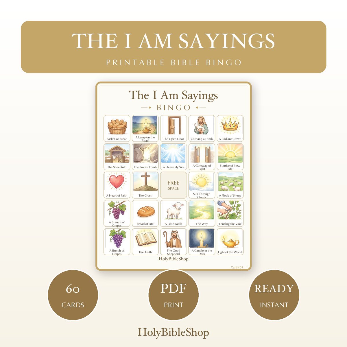 The I Am Sayings Bingo | Printable Bible Bingo Game for Kids | 60 Cards Sunday School VBS Christian Watercolor PDF