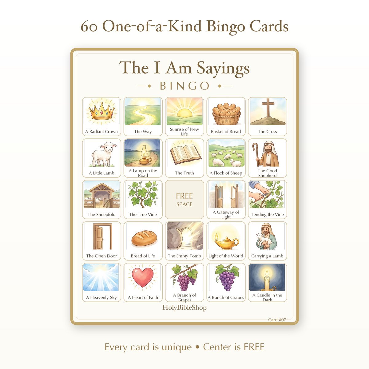 The I Am Sayings Bingo | Printable Bible Bingo Game for Kids | 60 Cards Sunday School VBS Christian Watercolor PDF — image 2