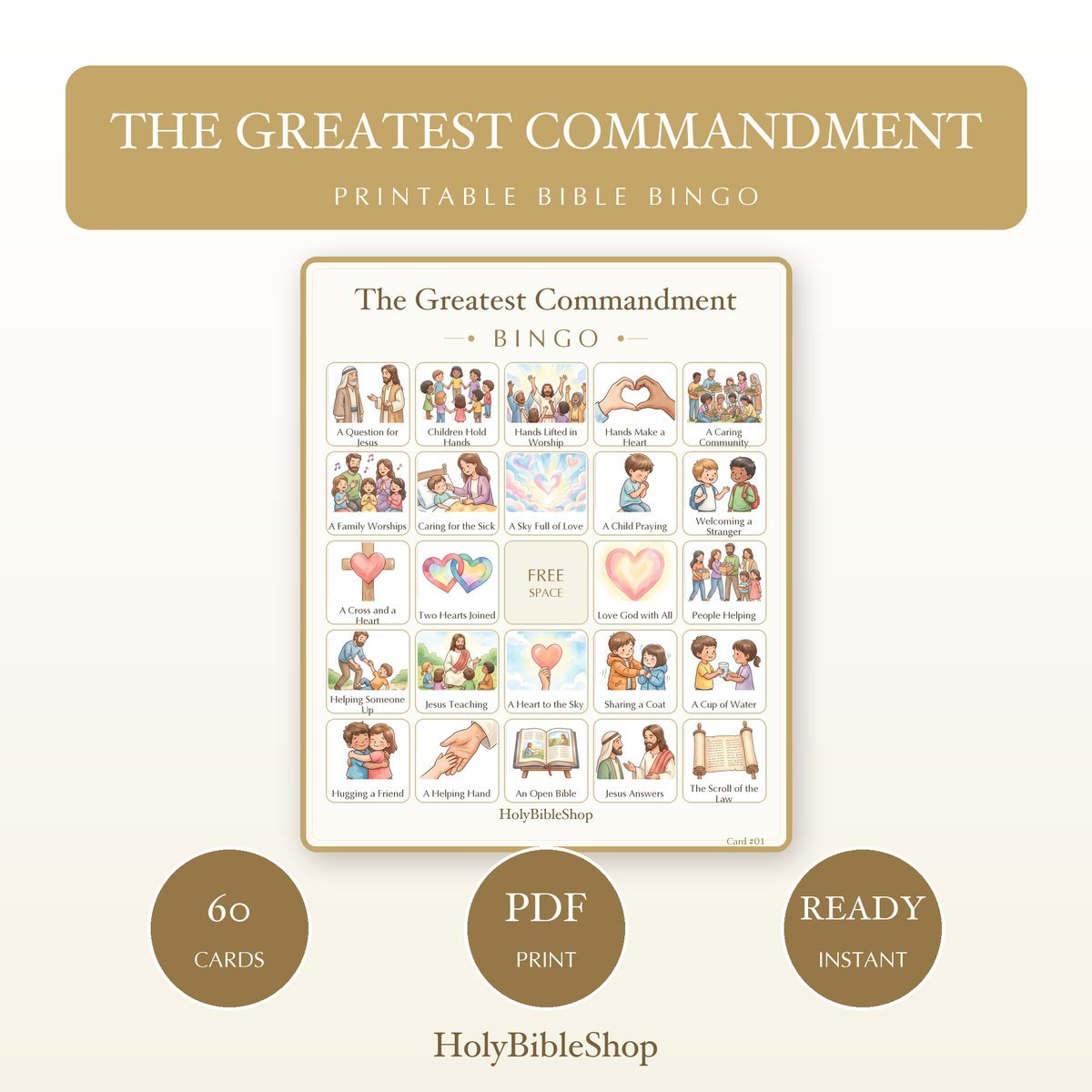 The Greatest Commandment Bingo | Printable Bible Bingo Game for Kids | 60 Cards Sunday School VBS Christian Watercolor PDF