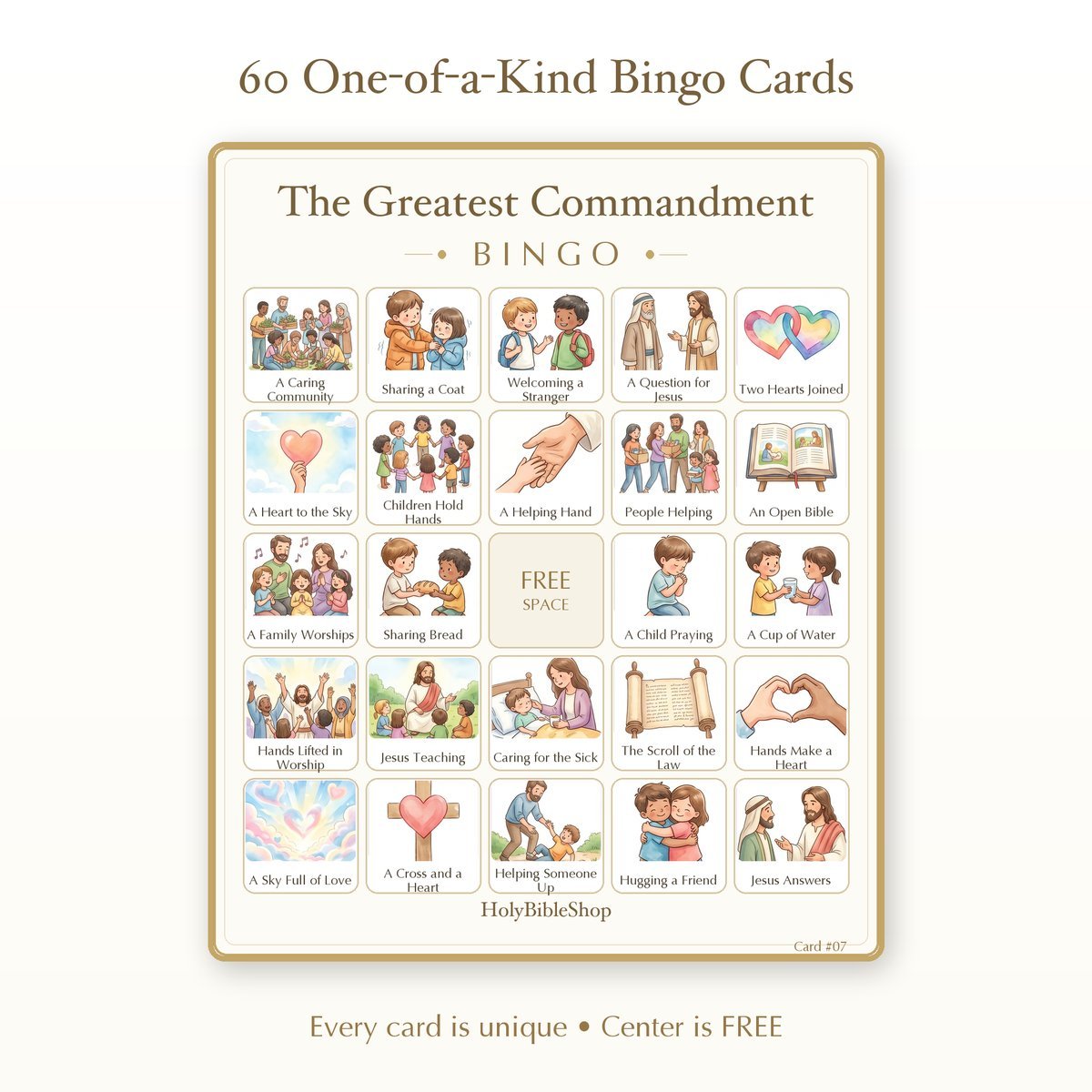The Greatest Commandment Bingo | Printable Bible Bingo Game for Kids | 60 Cards Sunday School VBS Christian Watercolor PDF — image 2