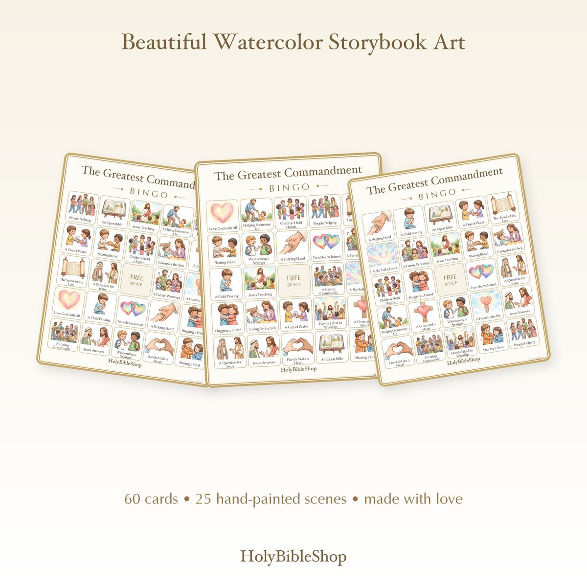 The Greatest Commandment Bingo | Printable Bible Bingo Game for Kids | 60 Cards Sunday School VBS Christian Watercolor PDF — image 7