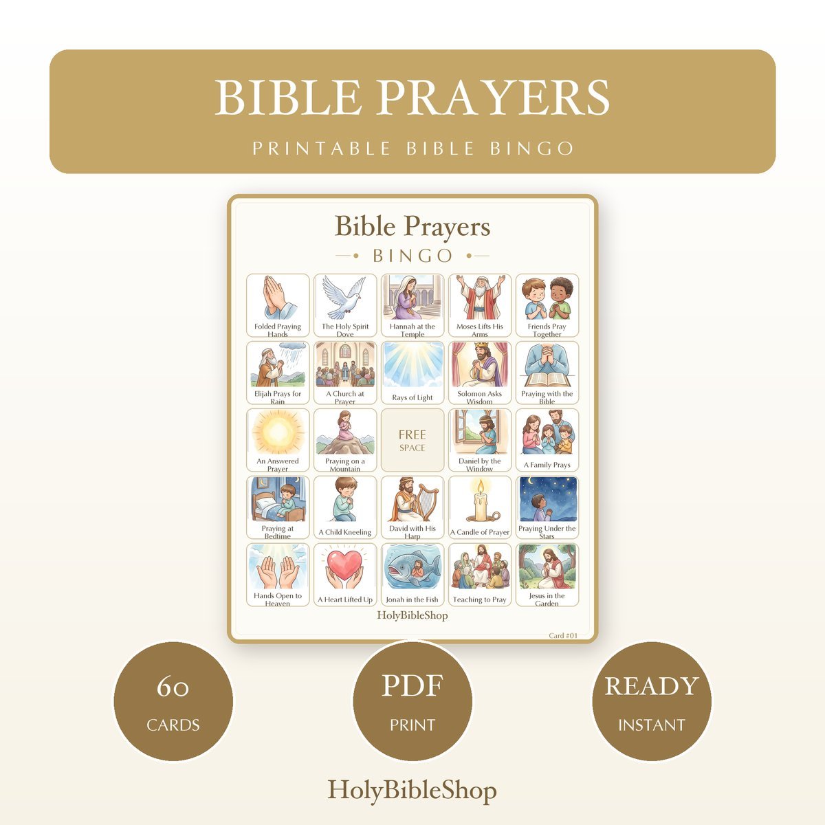 Bible Prayers Bingo | Printable Bible Bingo Game for Kids | 60 Cards Sunday School VBS Christian Watercolor PDF