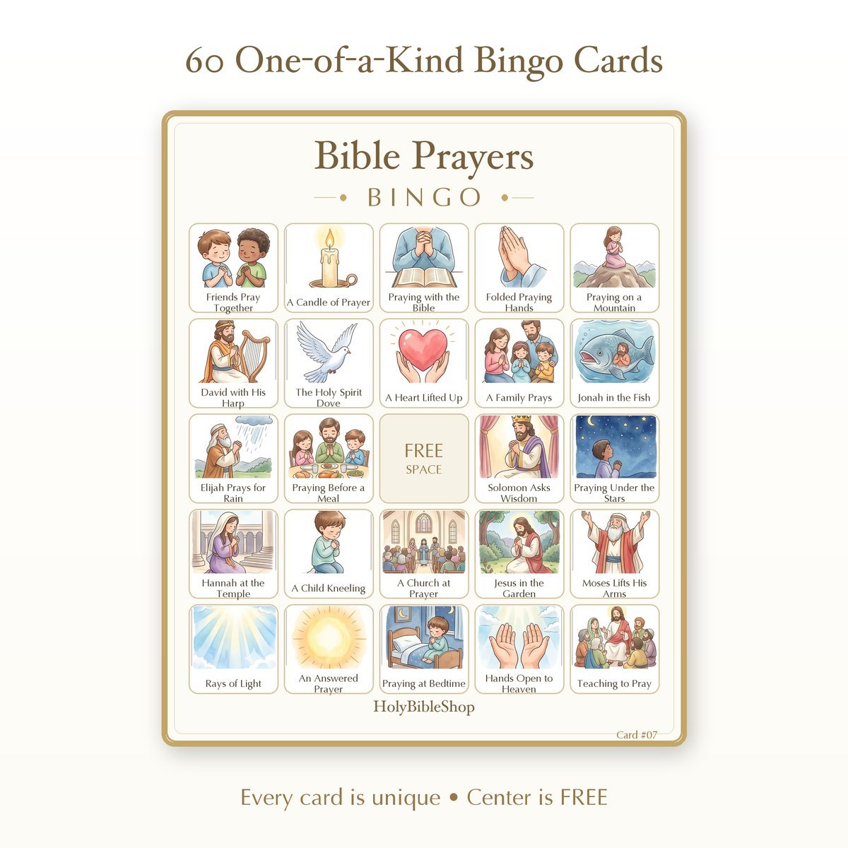 Bible Prayers Bingo | Printable Bible Bingo Game for Kids | 60 Cards Sunday School VBS Christian Watercolor PDF — image 2