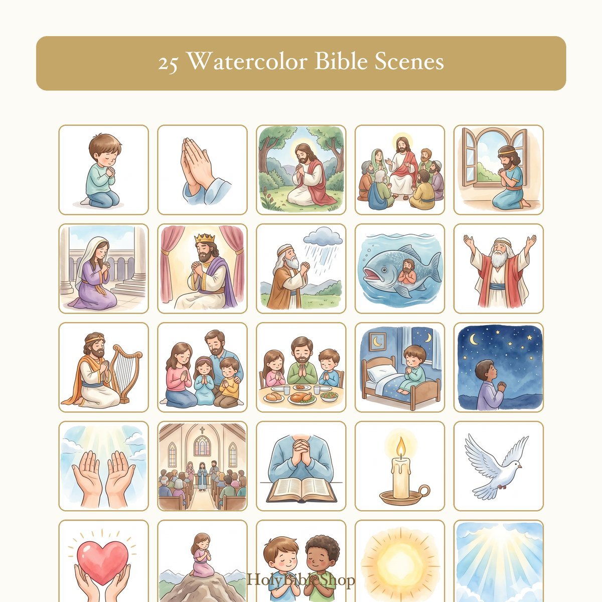 Bible Prayers Bingo | Printable Bible Bingo Game for Kids | 60 Cards Sunday School VBS Christian Watercolor PDF — image 3