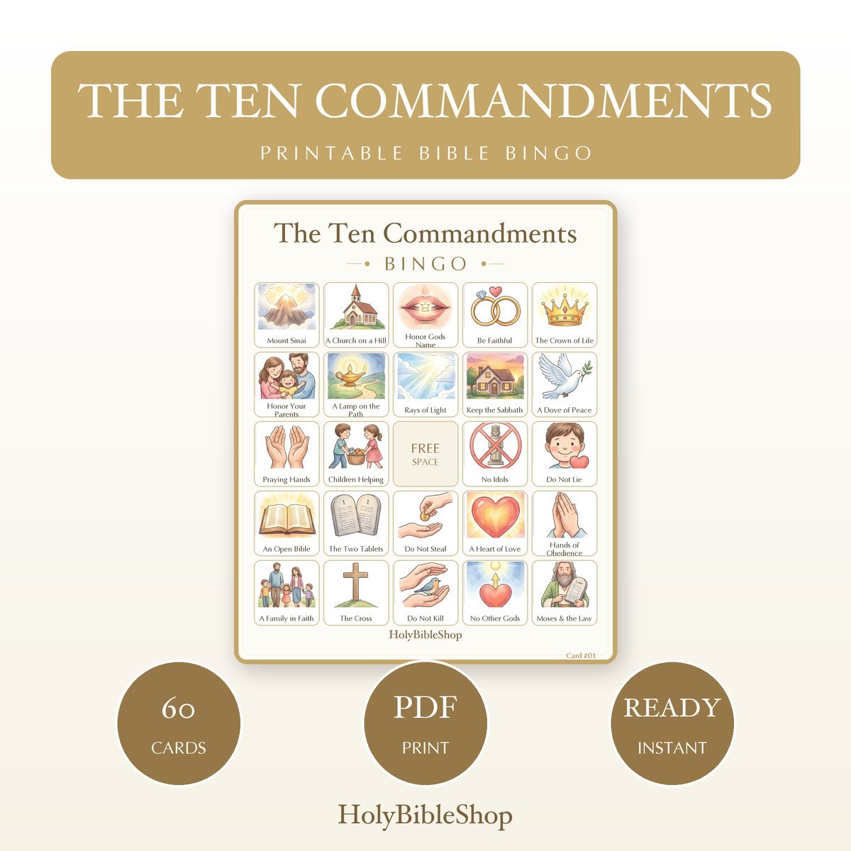 The Ten Commandments Bingo | Printable Bible Bingo Game for Kids | 60 Cards Sunday School VBS Christian Watercolor PDF