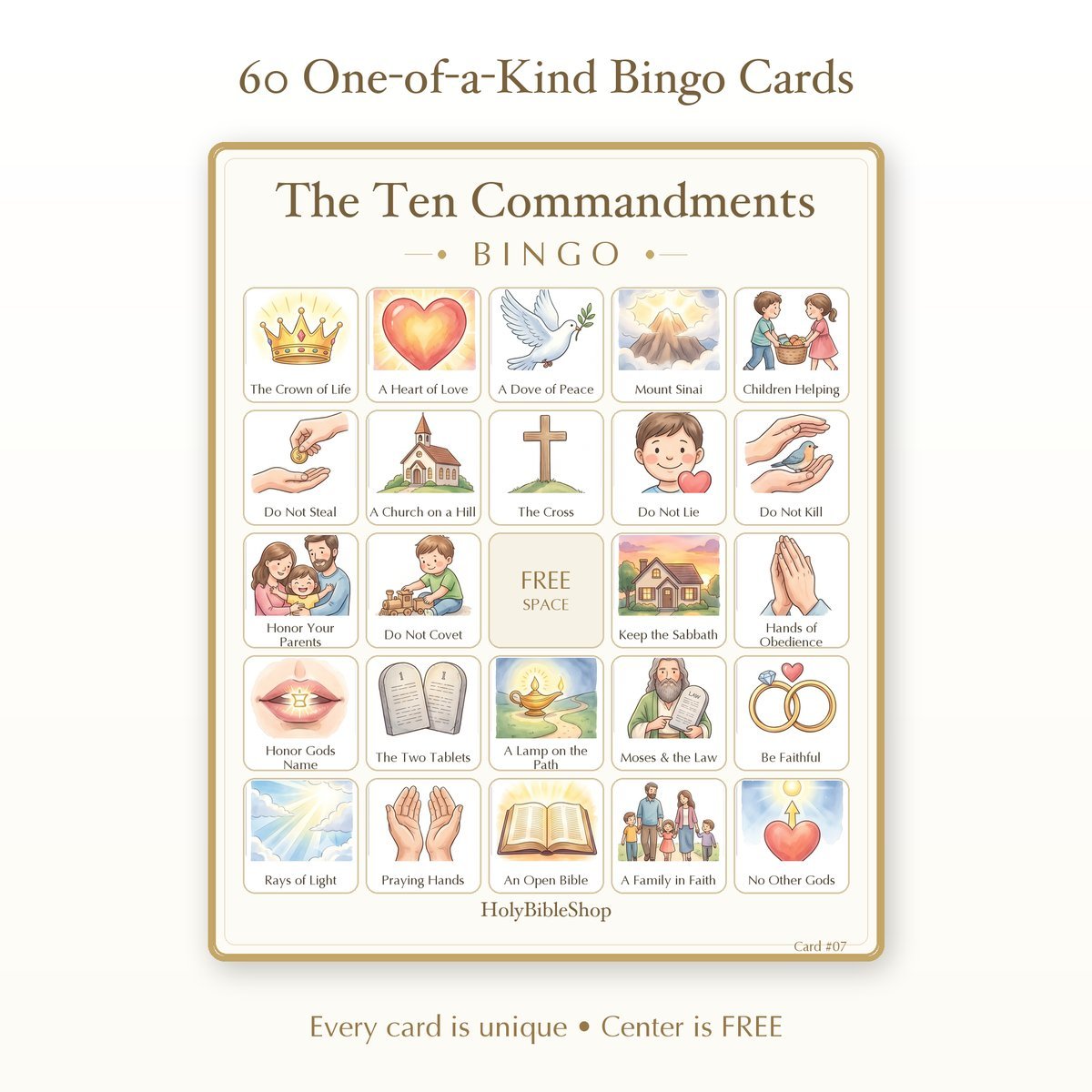The Ten Commandments Bingo | Printable Bible Bingo Game for Kids | 60 Cards Sunday School VBS Christian Watercolor PDF — image 2