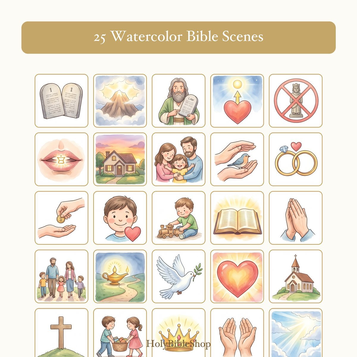 The Ten Commandments Bingo | Printable Bible Bingo Game for Kids | 60 Cards Sunday School VBS Christian Watercolor PDF — image 3