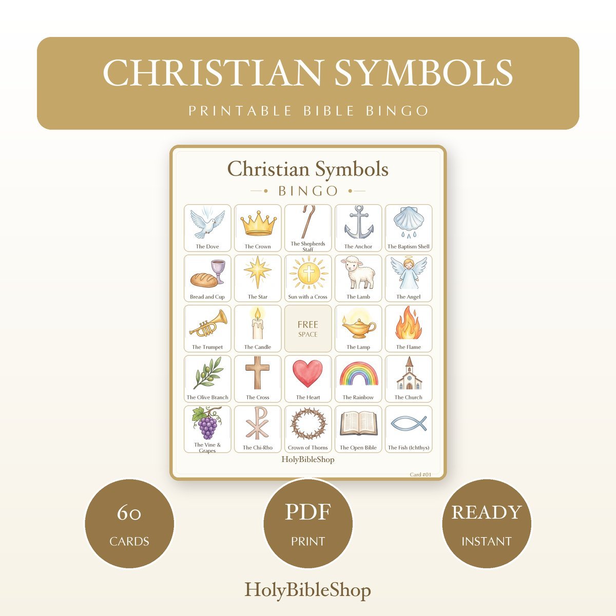 My First Bible Symbols Bingo, 60 Printable Bingo Cards, Christian Bible Symbols Game, Sunday School & Church Activity, Instant Download