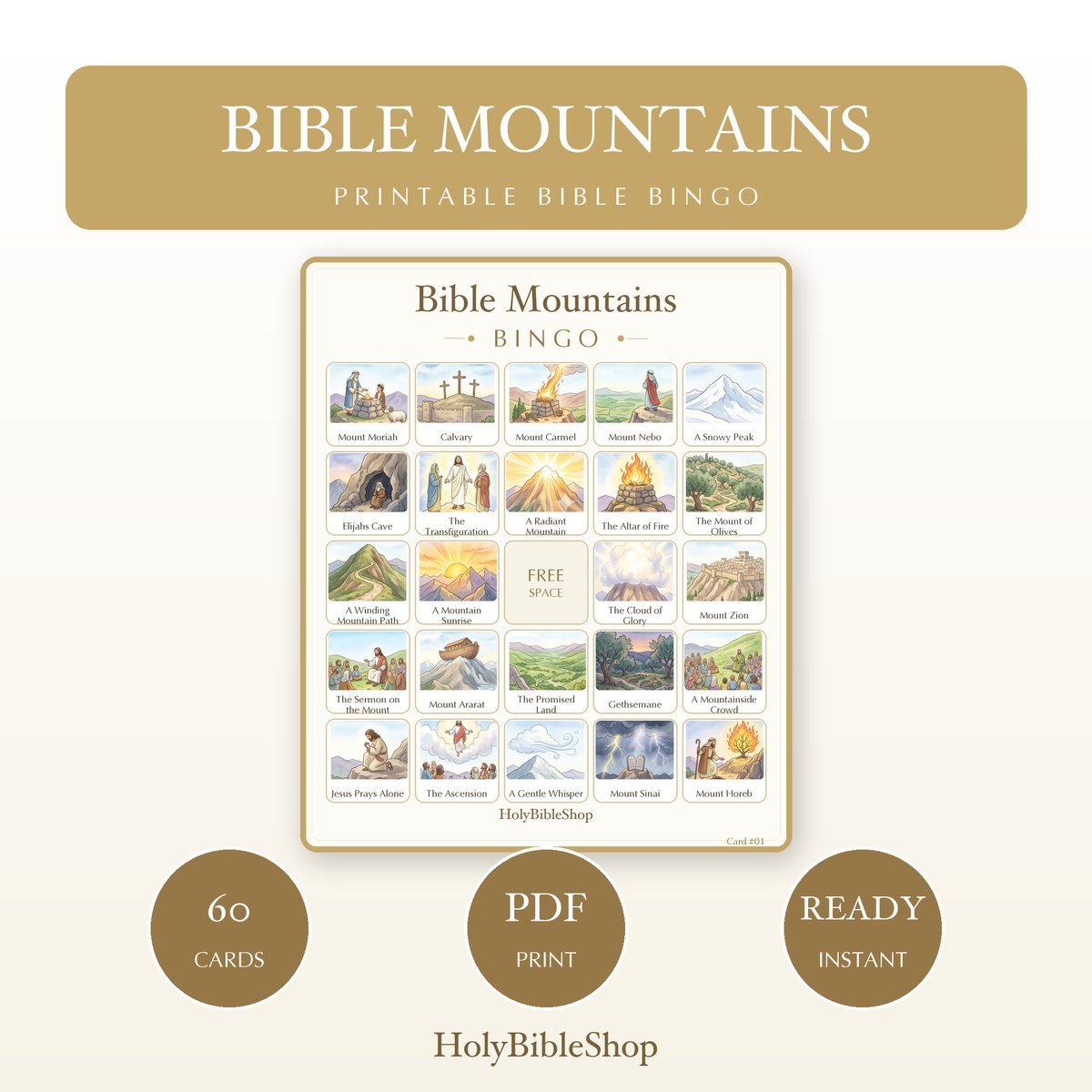 Gods Mountains and Rivers Bingo, 60 Printable Bingo Cards, Christian Mountains Rivers Game, Sunday School & Church Activity
