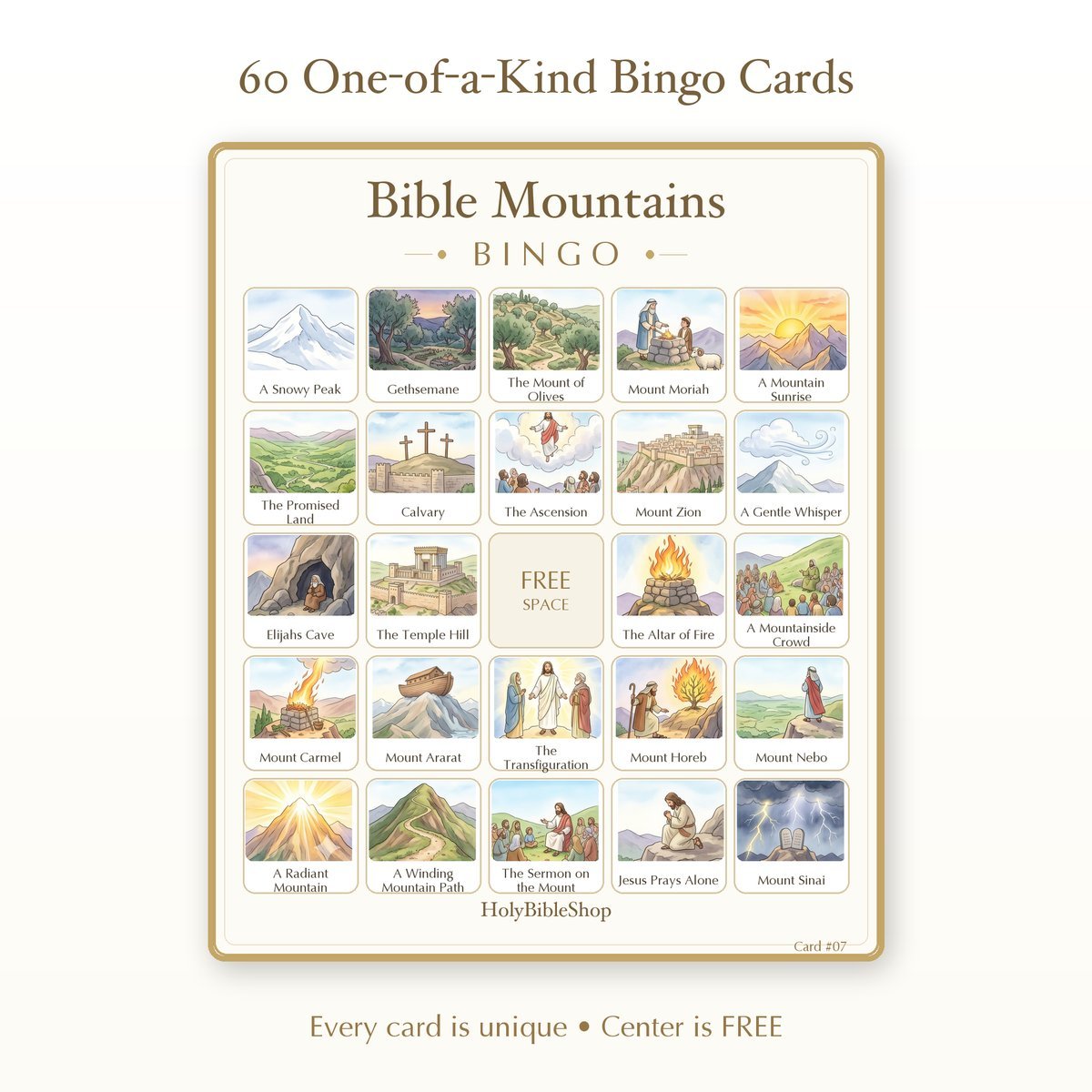 Gods Mountains and Rivers Bingo, 60 Printable Bingo Cards, Christian Mountains Rivers Game, Sunday School & Church Activity — image 2