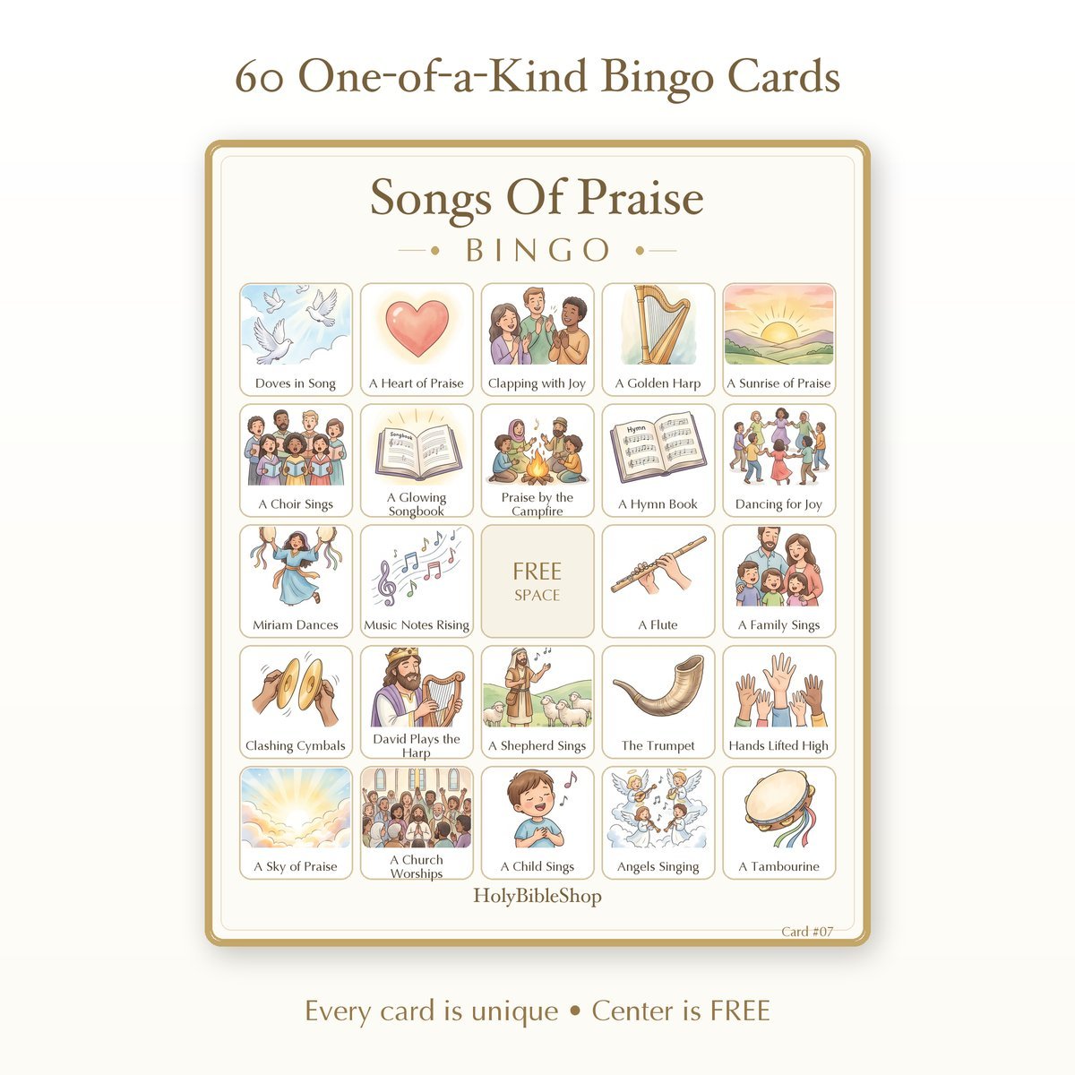Songs Of Praise Bingo | Printable Bible Bingo Game for Kids | 60 Cards Sunday School VBS Christian Watercolor PDF — image 2