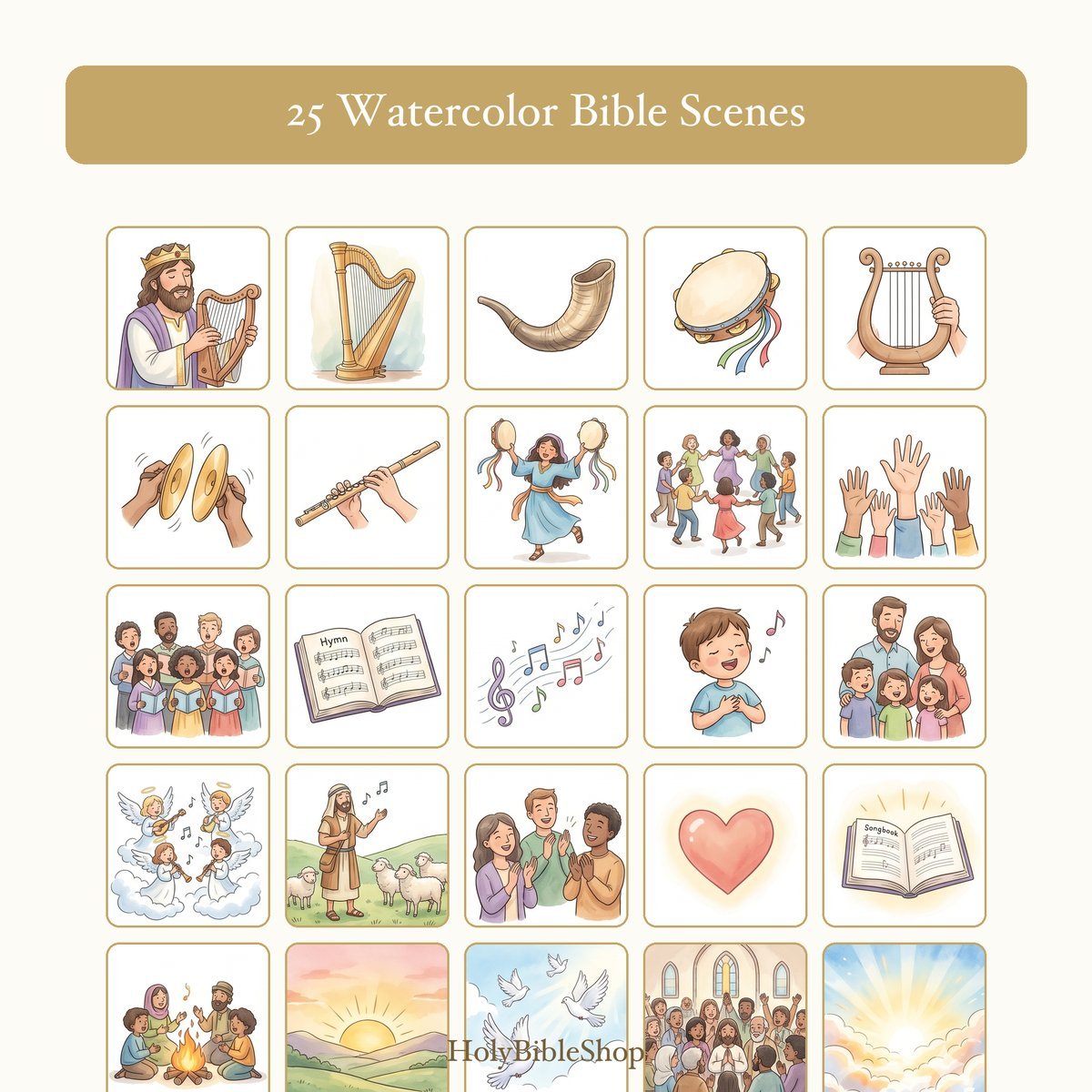 Songs Of Praise Bingo | Printable Bible Bingo Game for Kids | 60 Cards Sunday School VBS Christian Watercolor PDF — image 3