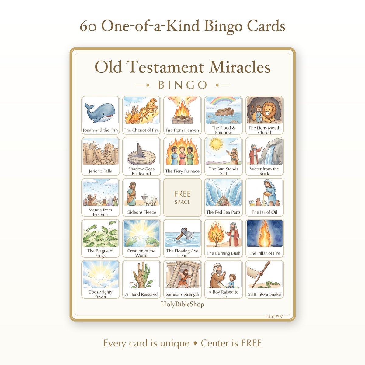 Old Testament Miracles Bingo | Printable Bible Bingo Game for Kids | 60 Cards Sunday School VBS Christian Watercolor PDF — image 2