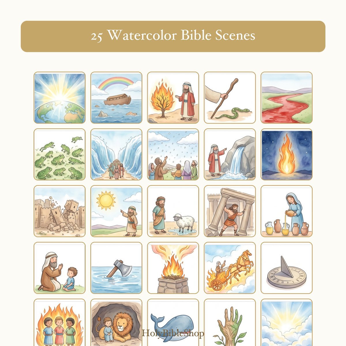 Old Testament Miracles Bingo | Printable Bible Bingo Game for Kids | 60 Cards Sunday School VBS Christian Watercolor PDF — image 3