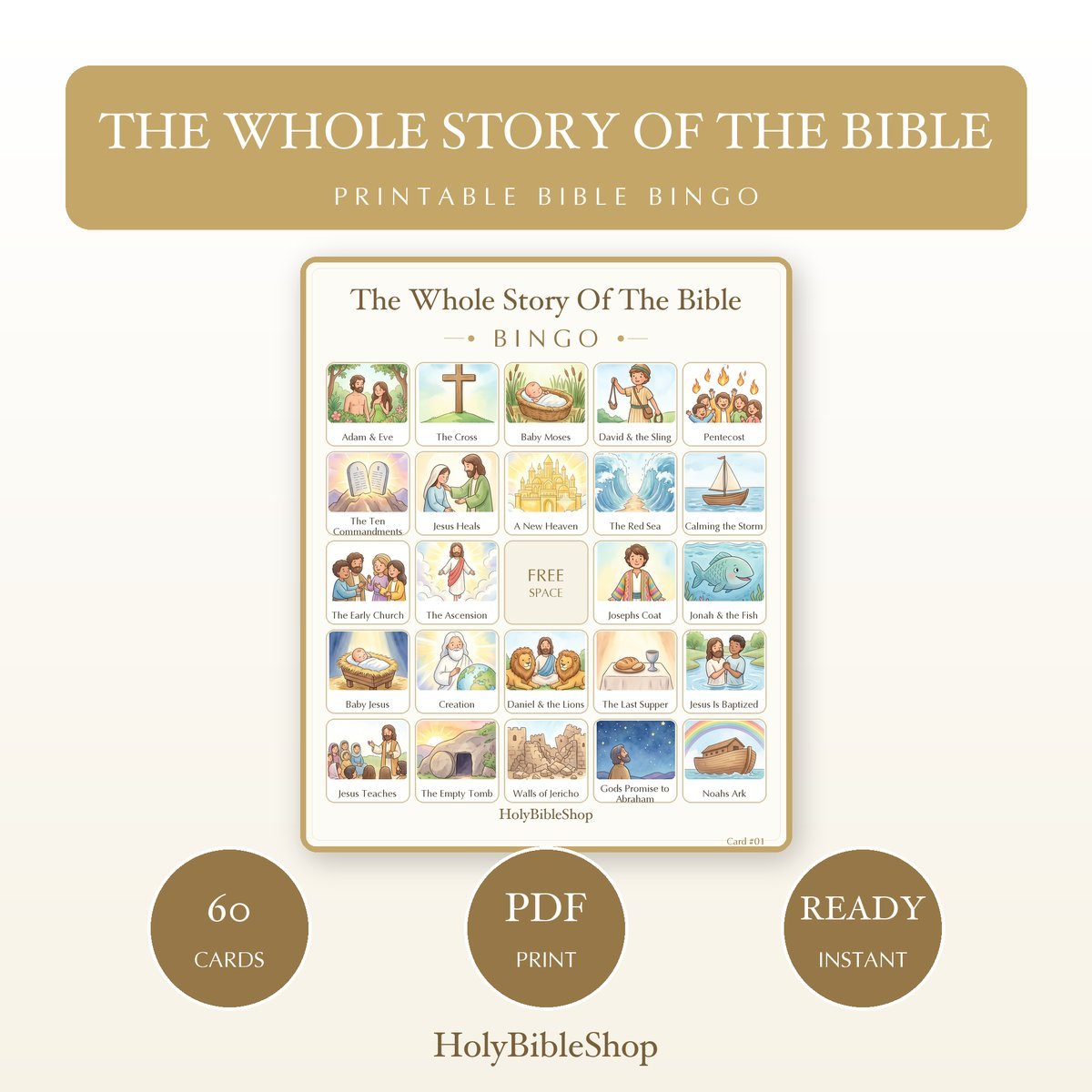 The Whole Story Of The Bible Bingo | Printable Bible Bingo Game for Kids | 60 Cards Sunday School VBS Christian Watercolor PDF