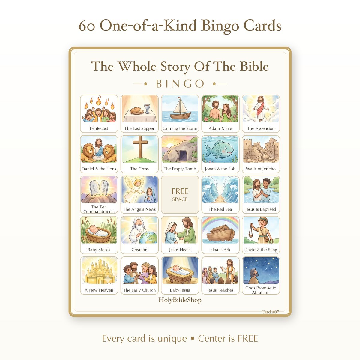 The Whole Story Of The Bible Bingo | Printable Bible Bingo Game for Kids | 60 Cards Sunday School VBS Christian Watercolor PDF — image 2