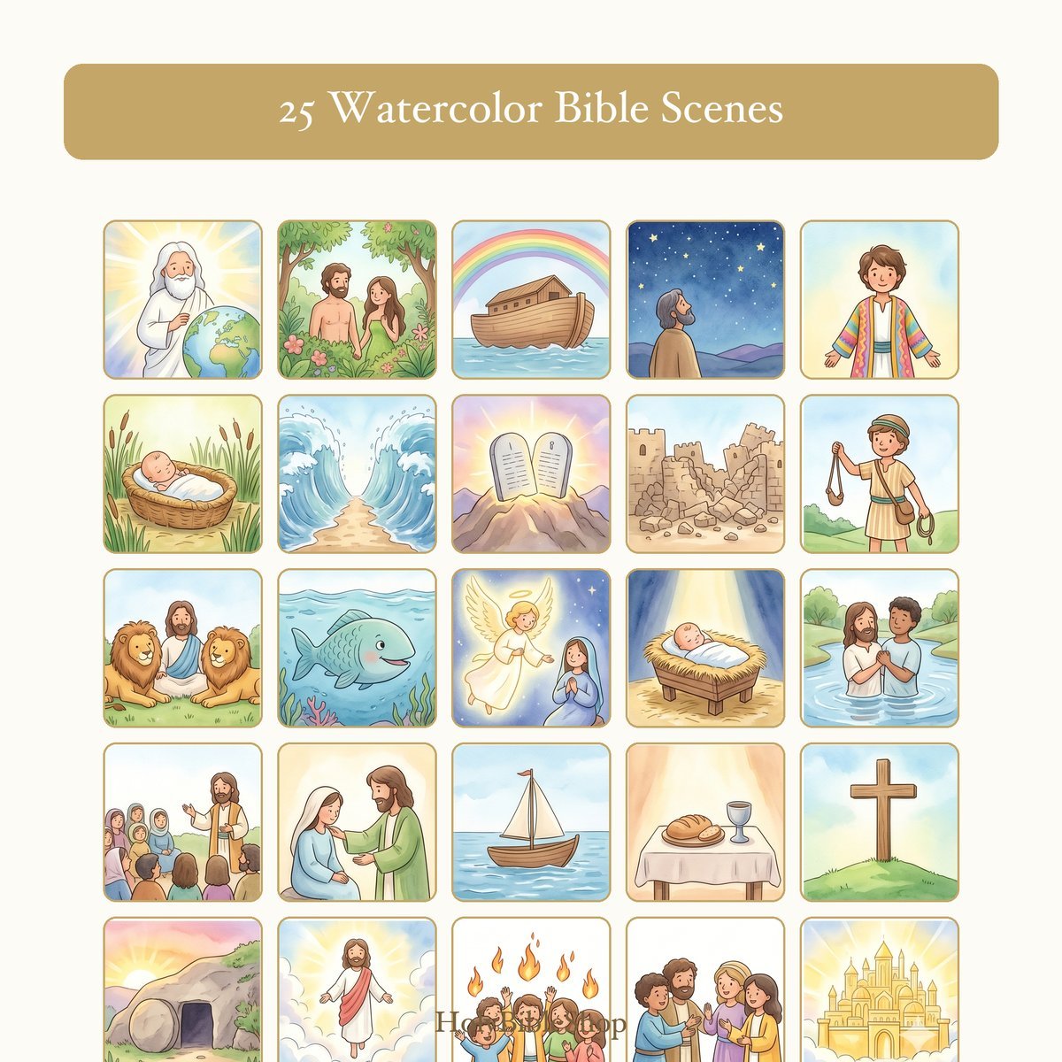 The Whole Story Of The Bible Bingo | Printable Bible Bingo Game for Kids | 60 Cards Sunday School VBS Christian Watercolor PDF — image 3