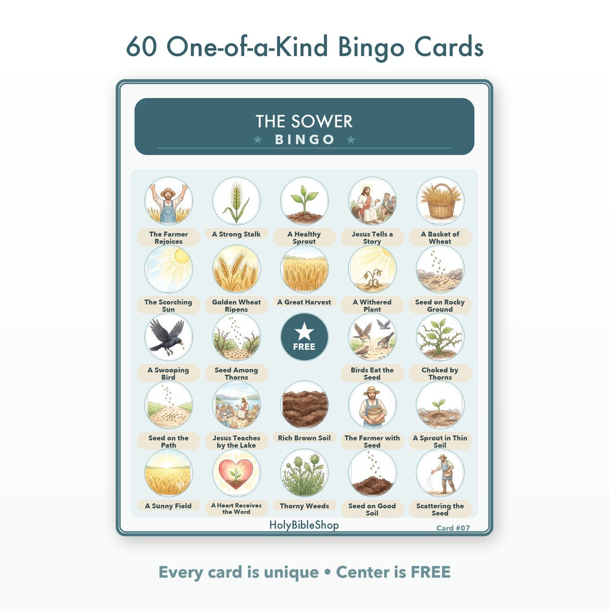 The Sower Bingo | Printable Bible Bingo Game for Kids | 60 Cards Sunday School VBS Christian Watercolor PDF — image 2