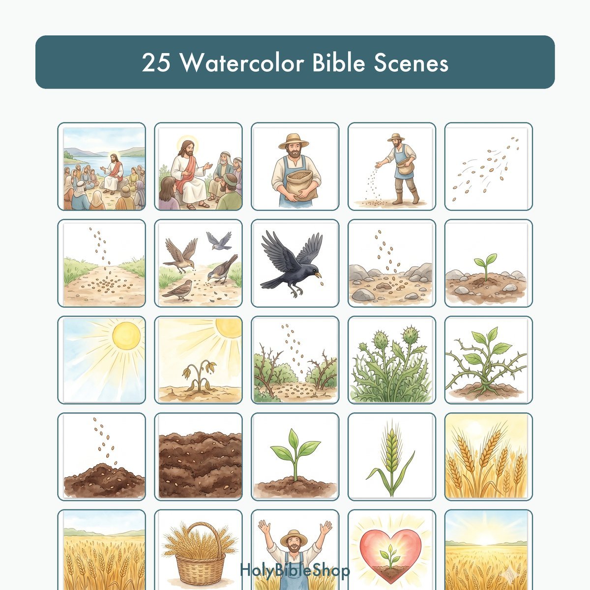 The Sower Bingo | Printable Bible Bingo Game for Kids | 60 Cards Sunday School VBS Christian Watercolor PDF — image 3