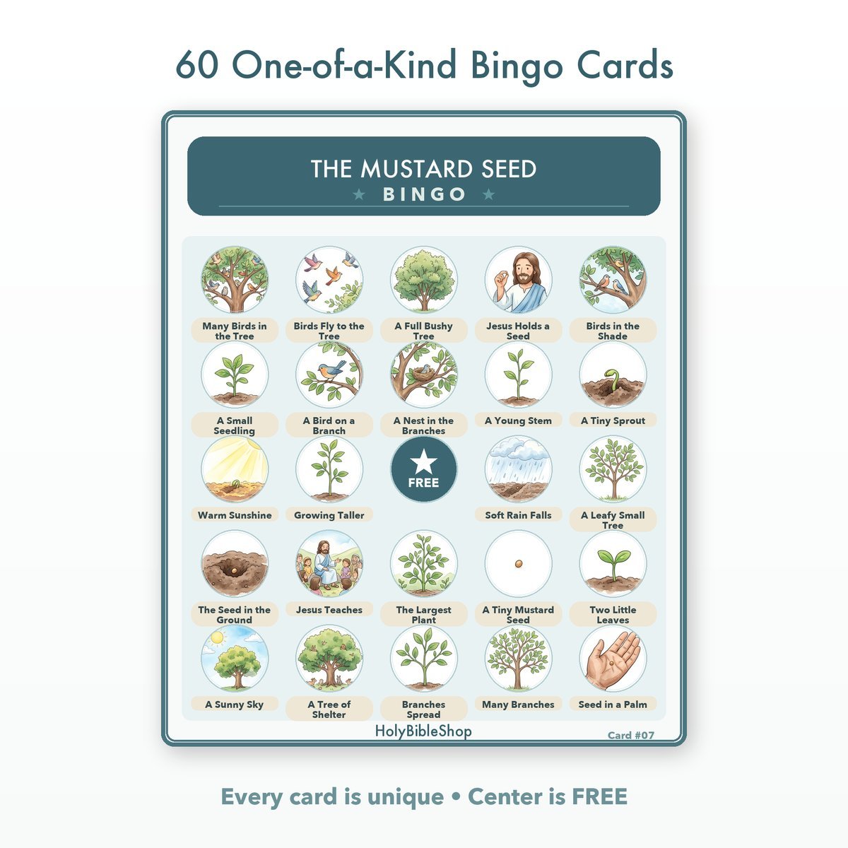 The Mustard Seed Bingo | Printable Bible Bingo Game for Kids | 60 Cards Sunday School VBS Christian Watercolor PDF — image 2