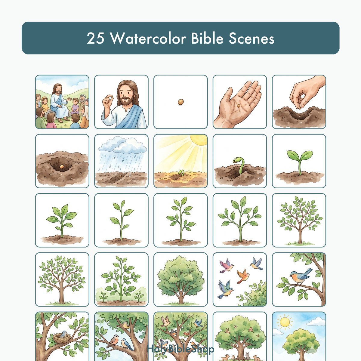 The Mustard Seed Bingo | Printable Bible Bingo Game for Kids | 60 Cards Sunday School VBS Christian Watercolor PDF — image 3