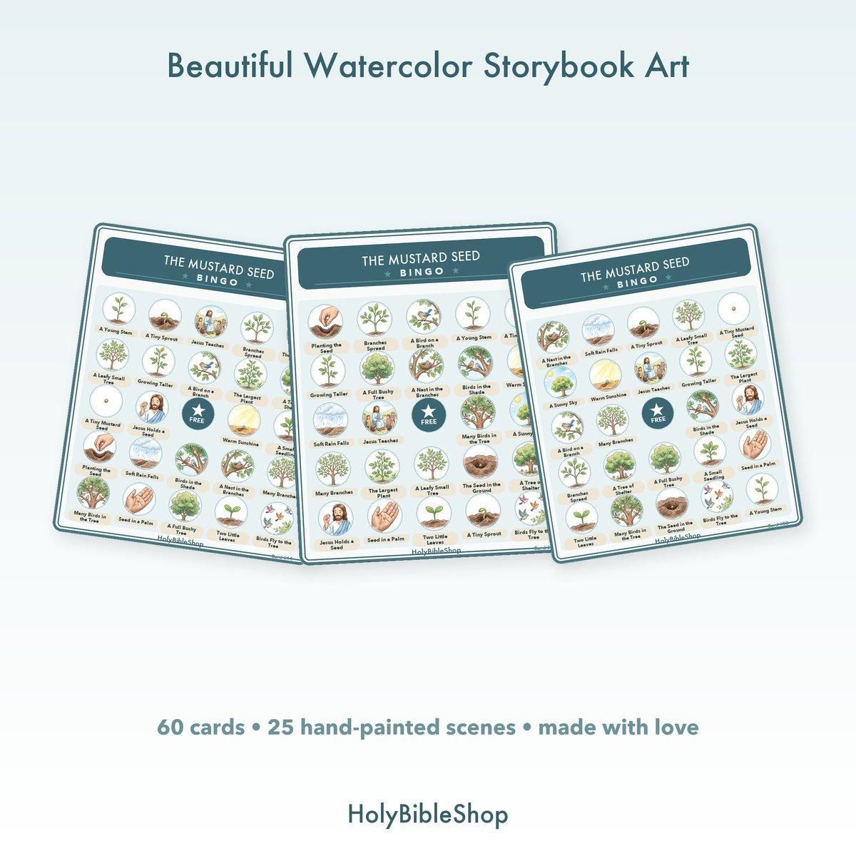 The Mustard Seed Bingo | Printable Bible Bingo Game for Kids | 60 Cards Sunday School VBS Christian Watercolor PDF — image 7