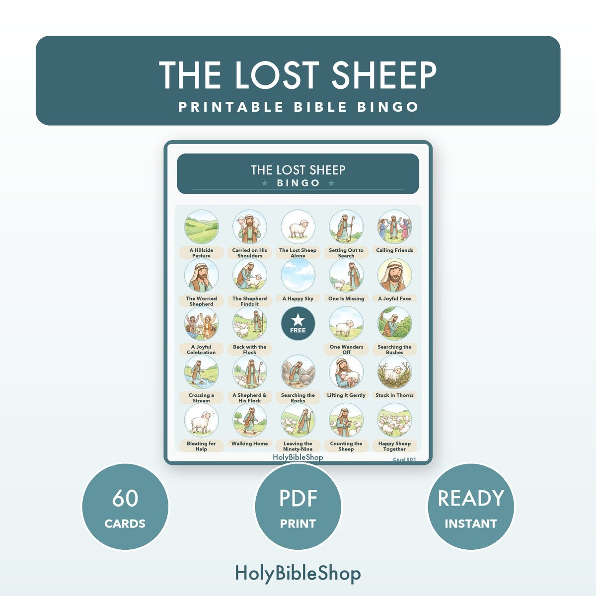 The Lost Sheep Bingo | Printable Bible Bingo Game for Kids | 60 Cards Sunday School VBS Christian Watercolor PDF