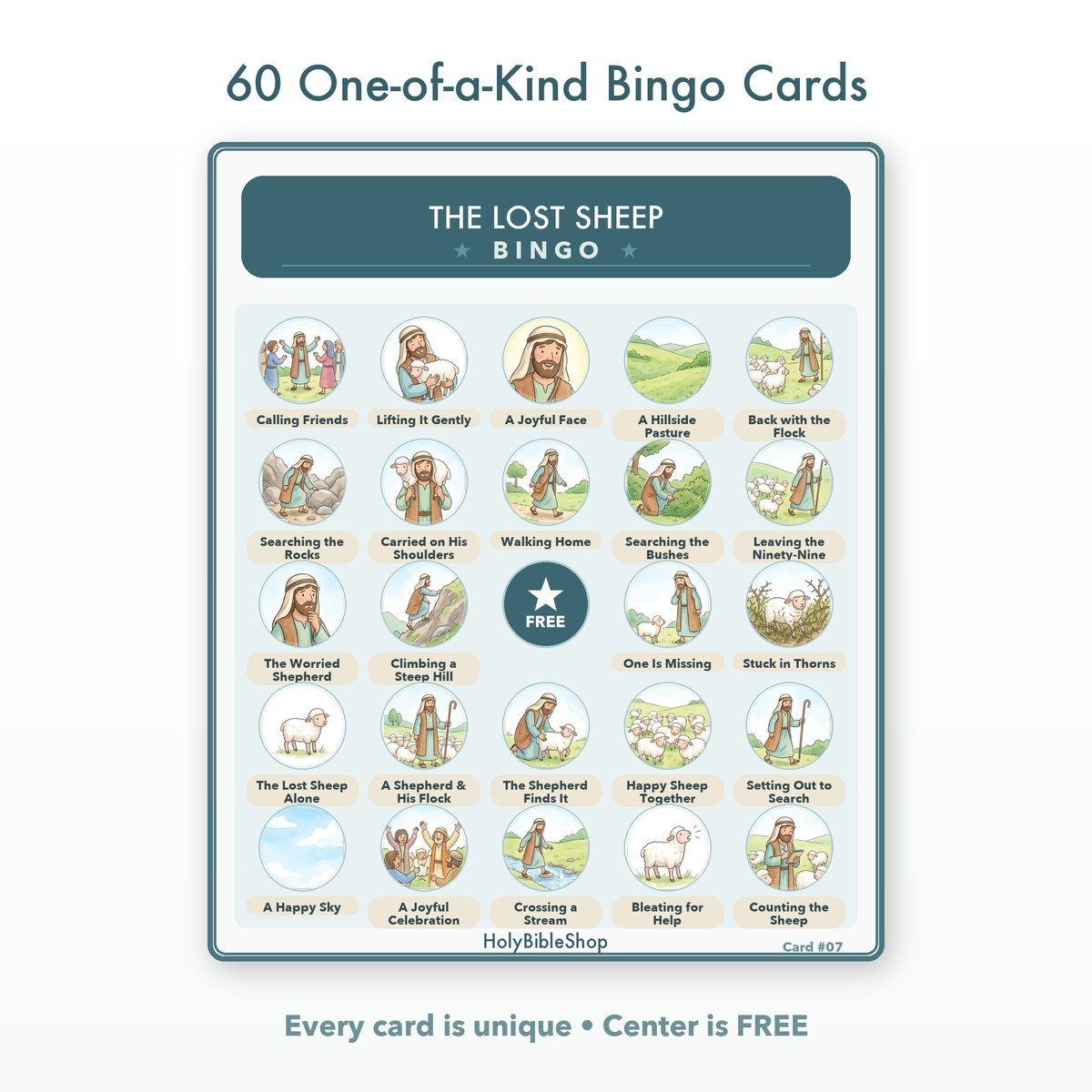 The Lost Sheep Bingo | Printable Bible Bingo Game for Kids | 60 Cards Sunday School VBS Christian Watercolor PDF — image 2
