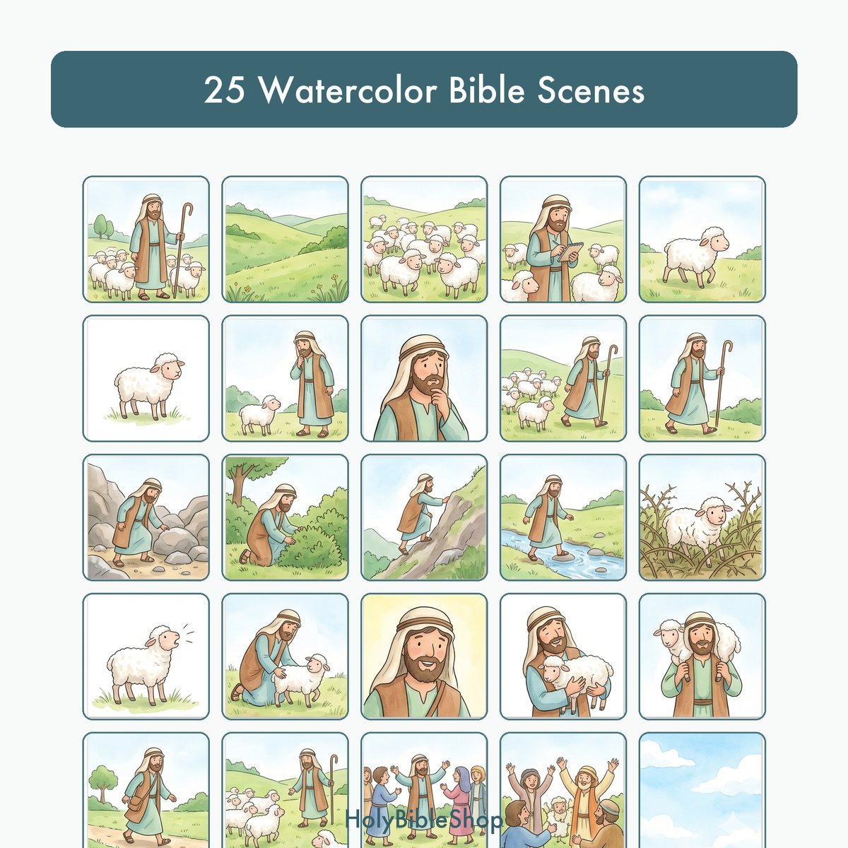 The Lost Sheep Bingo | Printable Bible Bingo Game for Kids | 60 Cards Sunday School VBS Christian Watercolor PDF — image 3