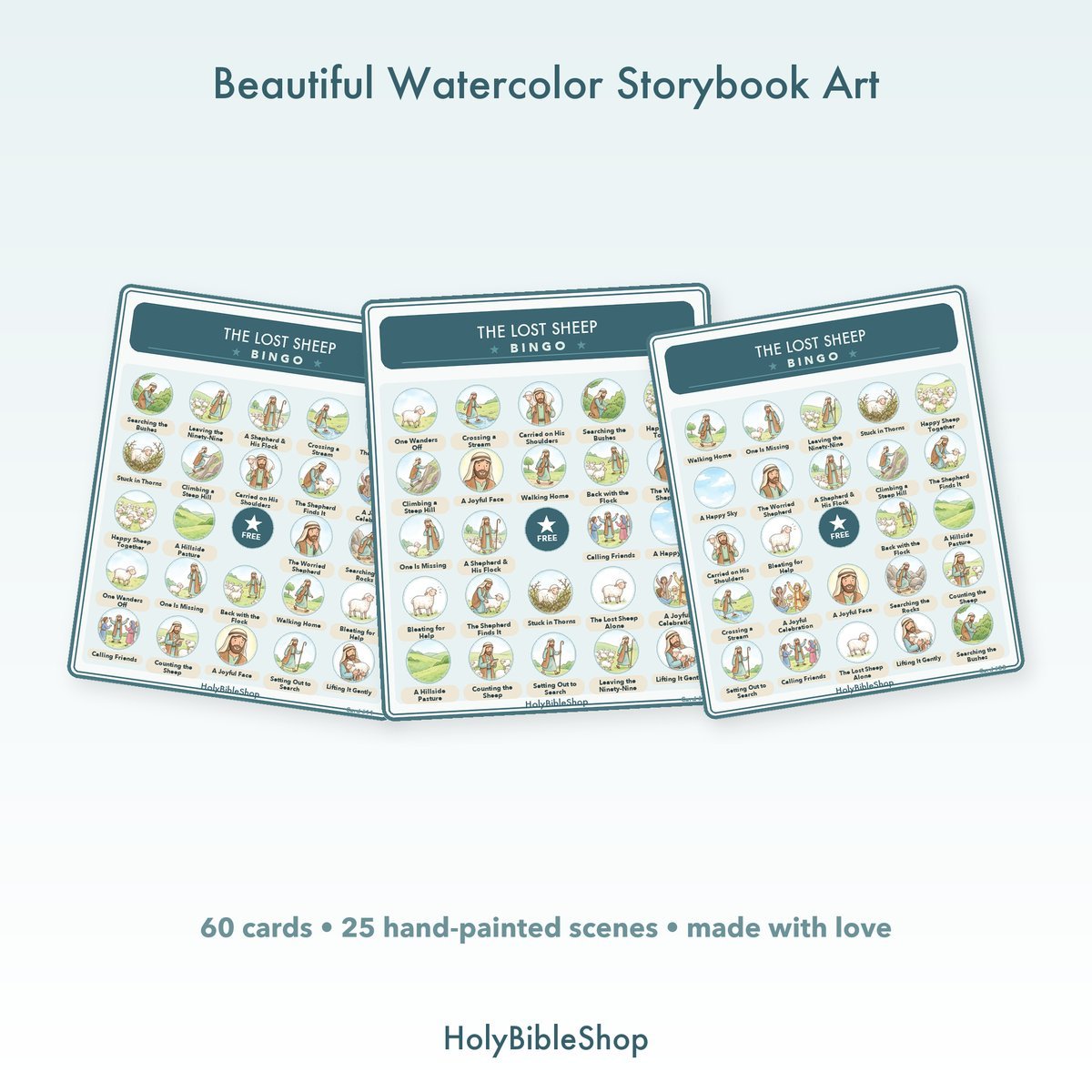 The Lost Sheep Bingo | Printable Bible Bingo Game for Kids | 60 Cards Sunday School VBS Christian Watercolor PDF — image 7