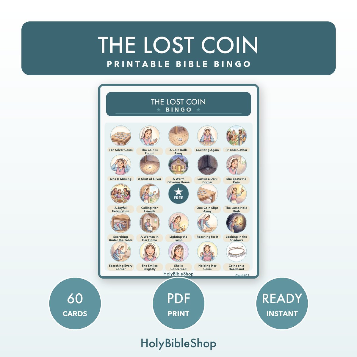 The Lost Coin Bingo | Printable Bible Bingo Game for Kids | 60 Cards Sunday School VBS Christian Watercolor PDF