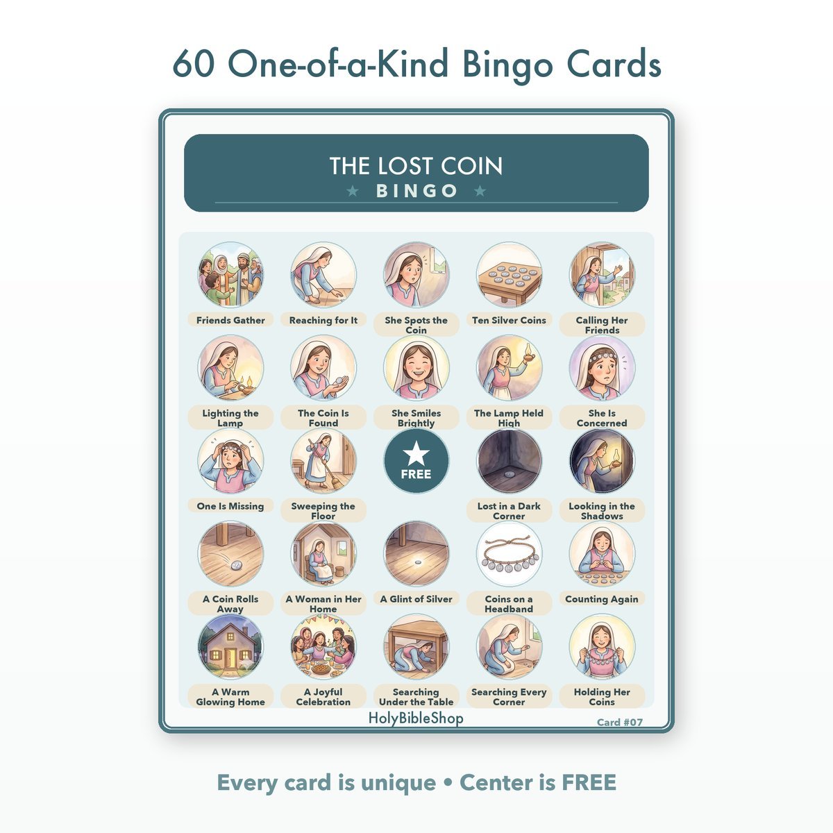 The Lost Coin Bingo | Printable Bible Bingo Game for Kids | 60 Cards Sunday School VBS Christian Watercolor PDF — image 2