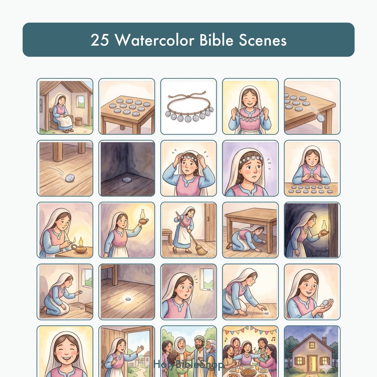 The Lost Coin Bingo | Printable Bible Bingo Game for Kids | 60 Cards Sunday School VBS Christian Watercolor PDF — image 3