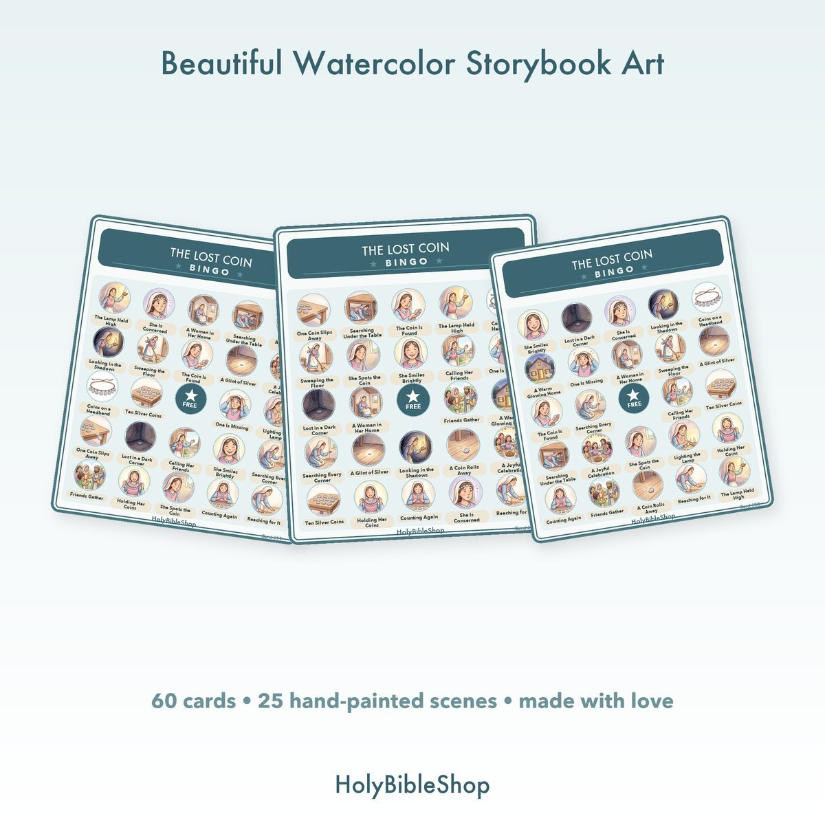 The Lost Coin Bingo | Printable Bible Bingo Game for Kids | 60 Cards Sunday School VBS Christian Watercolor PDF — image 7