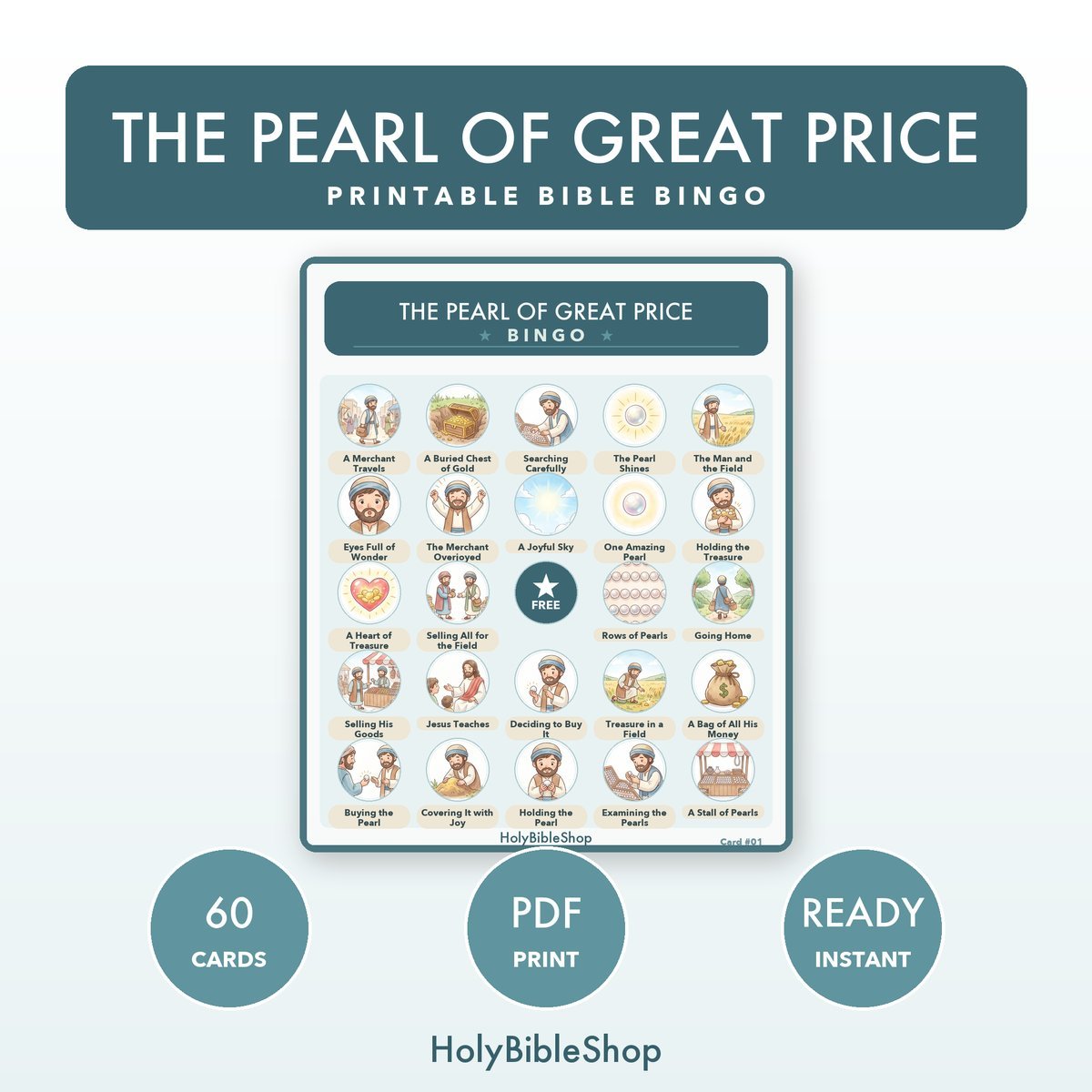 The Pearl of Great Price Bingo | Printable Bible Bingo Game for Kids | 60 Cards Sunday School VBS Christian Watercolor PDF