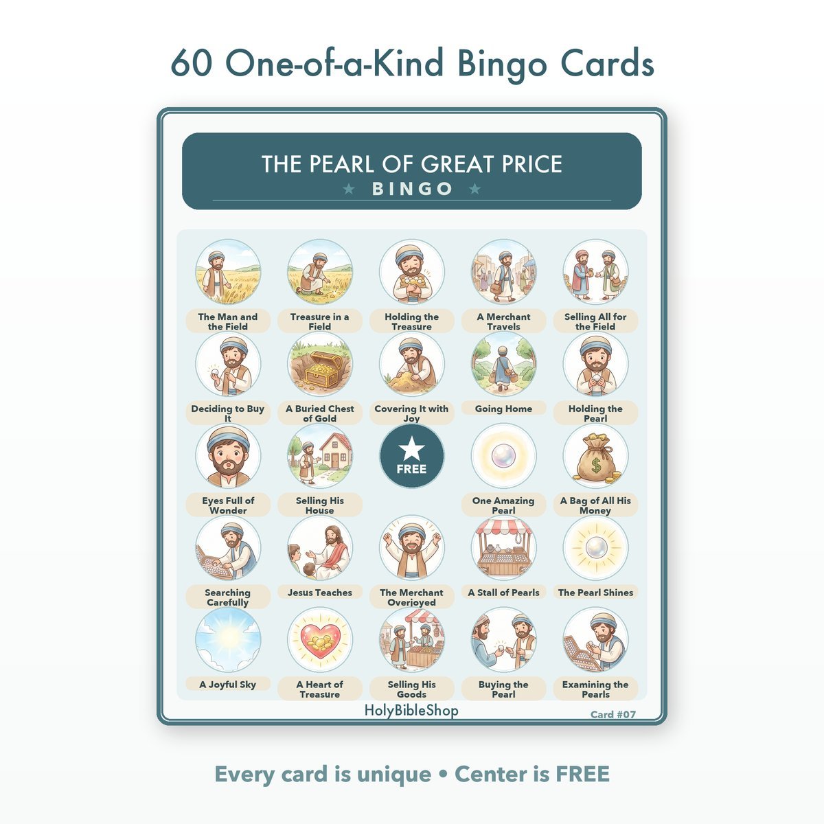 The Pearl of Great Price Bingo | Printable Bible Bingo Game for Kids | 60 Cards Sunday School VBS Christian Watercolor PDF — image 2