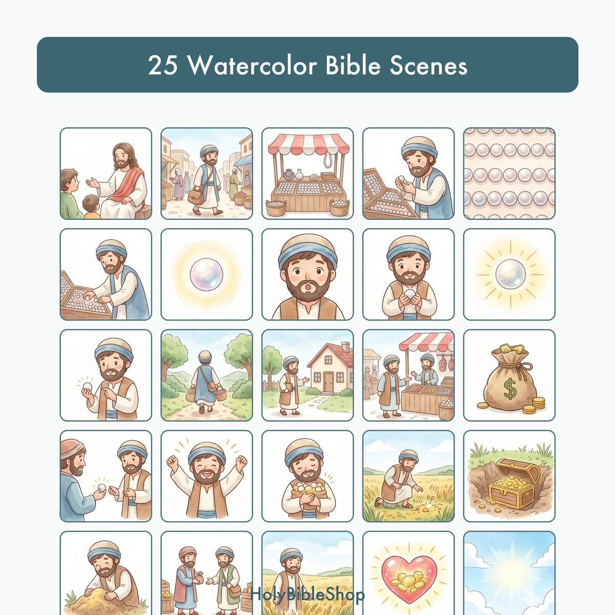 The Pearl of Great Price Bingo | Printable Bible Bingo Game for Kids | 60 Cards Sunday School VBS Christian Watercolor PDF — image 3