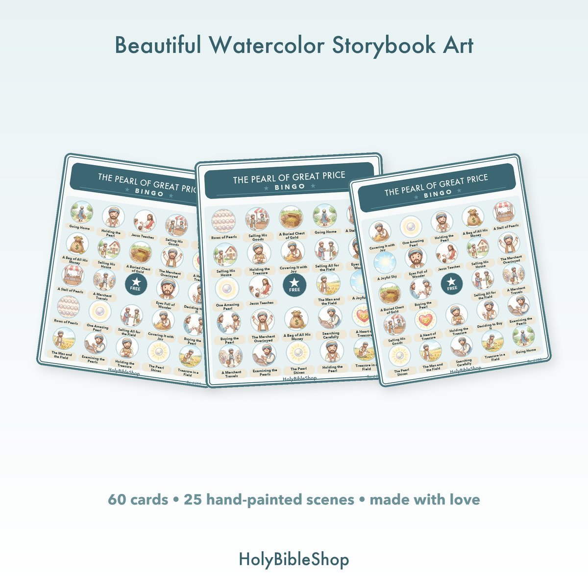 The Pearl of Great Price Bingo | Printable Bible Bingo Game for Kids | 60 Cards Sunday School VBS Christian Watercolor PDF — image 7