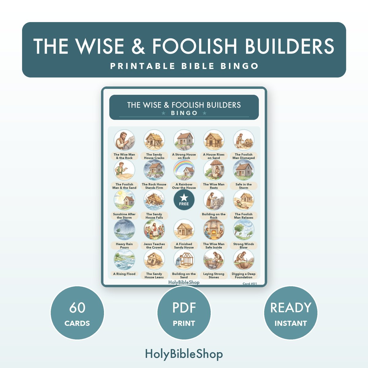 The Wise & Foolish Builders Bingo | Bible Bingo Game for Kids | 60 Cards Sunday School VBS Christian Watercolor PDF