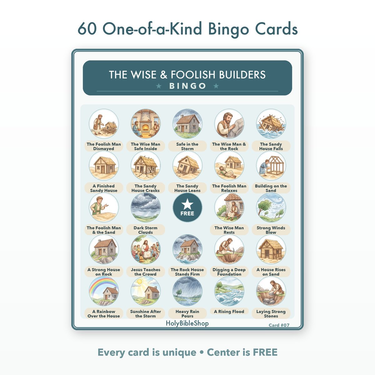 The Wise & Foolish Builders Bingo | Bible Bingo Game for Kids | 60 Cards Sunday School VBS Christian Watercolor PDF — image 2