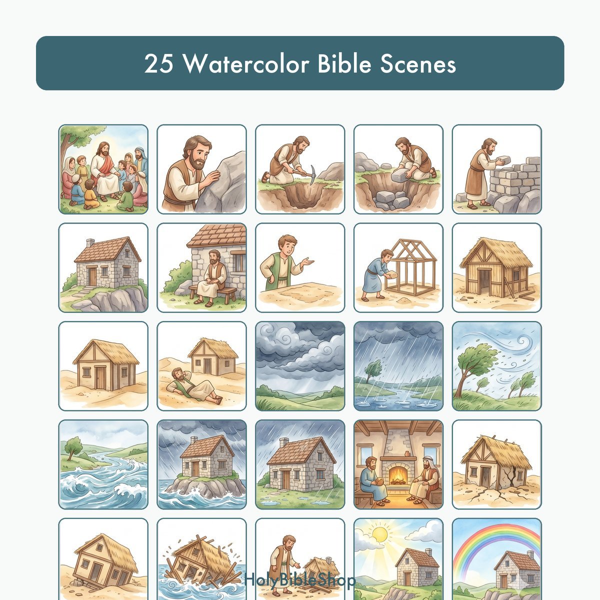 The Wise & Foolish Builders Bingo | Bible Bingo Game for Kids | 60 Cards Sunday School VBS Christian Watercolor PDF — image 3