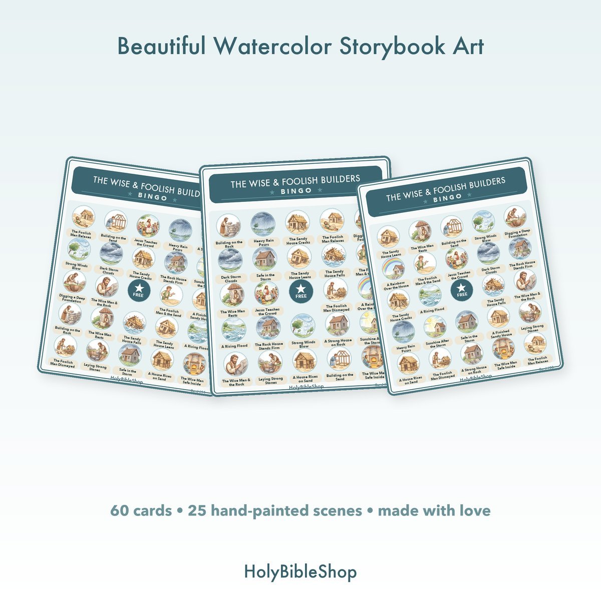 The Wise & Foolish Builders Bingo | Bible Bingo Game for Kids | 60 Cards Sunday School VBS Christian Watercolor PDF — image 7