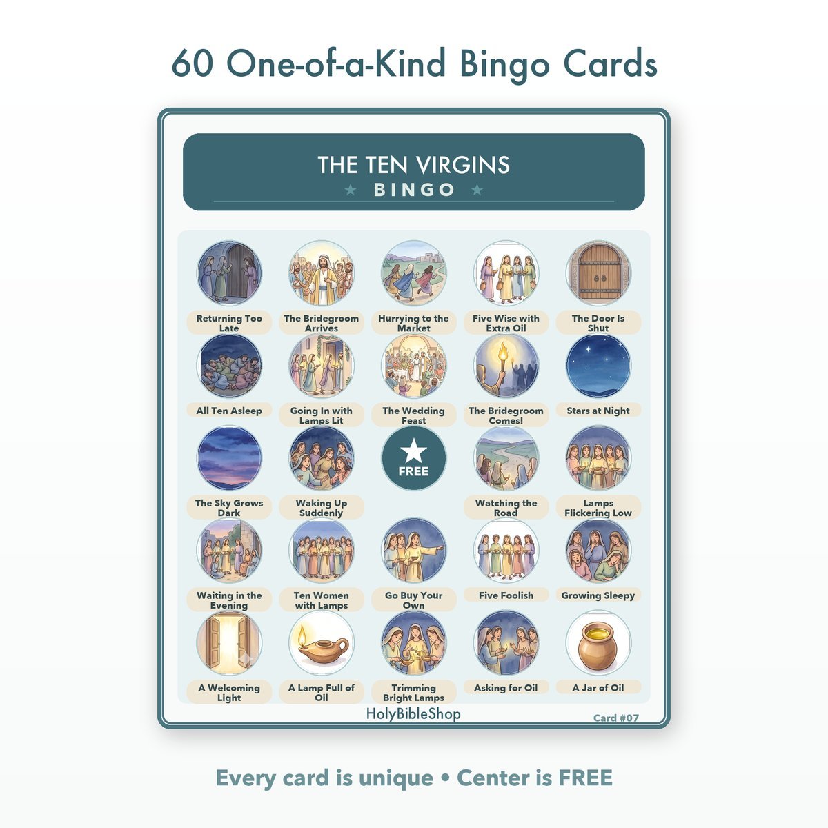 The Ten Virgins Bingo | Printable Bible Bingo Game for Kids | 60 Cards Sunday School VBS Christian Watercolor PDF — image 2