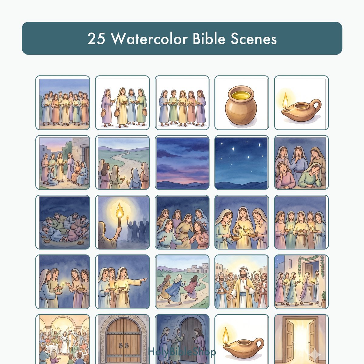 The Ten Virgins Bingo | Printable Bible Bingo Game for Kids | 60 Cards Sunday School VBS Christian Watercolor PDF — image 3