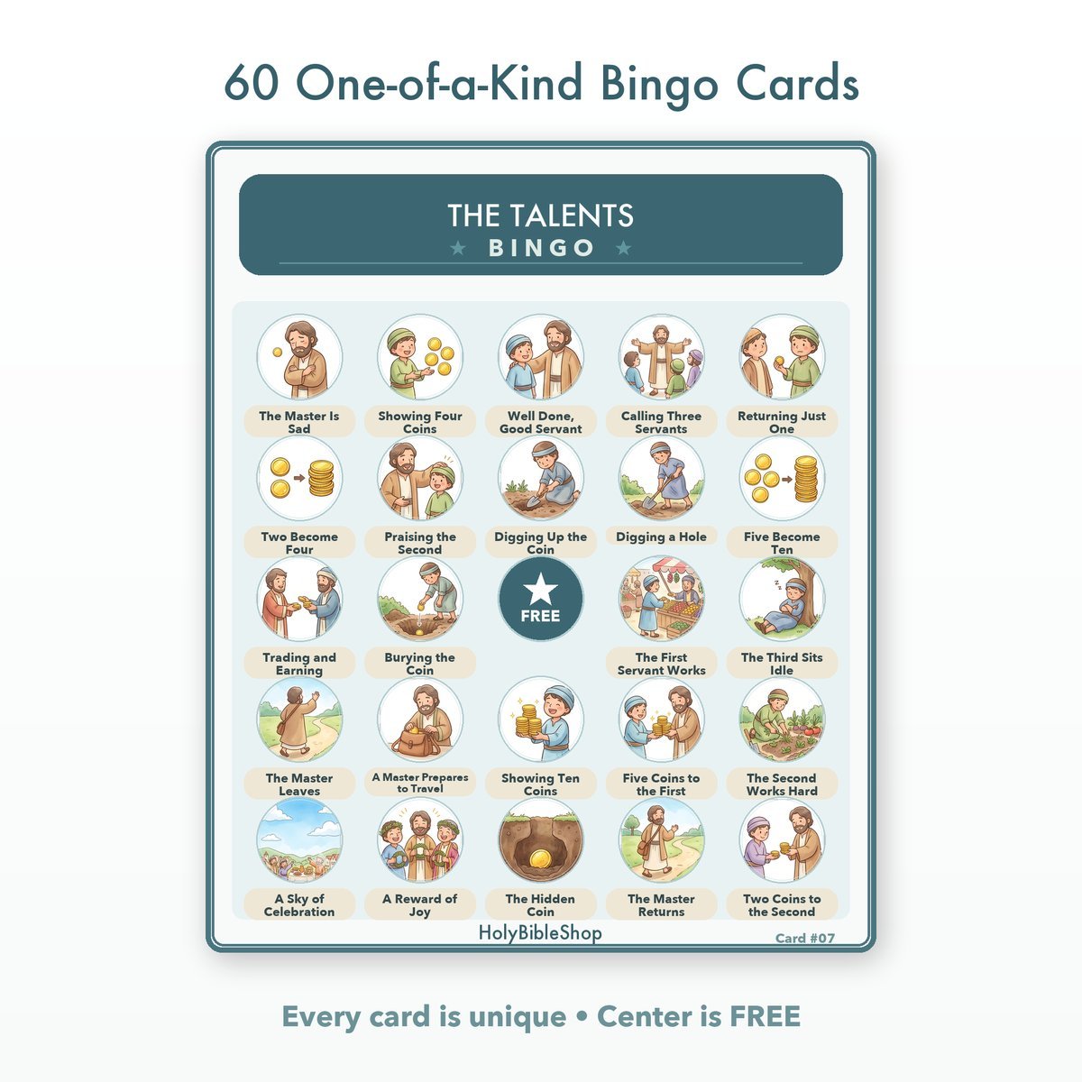The Talents Bingo | Printable Bible Bingo Game for Kids | 60 Cards Sunday School VBS Christian Watercolor PDF — image 2