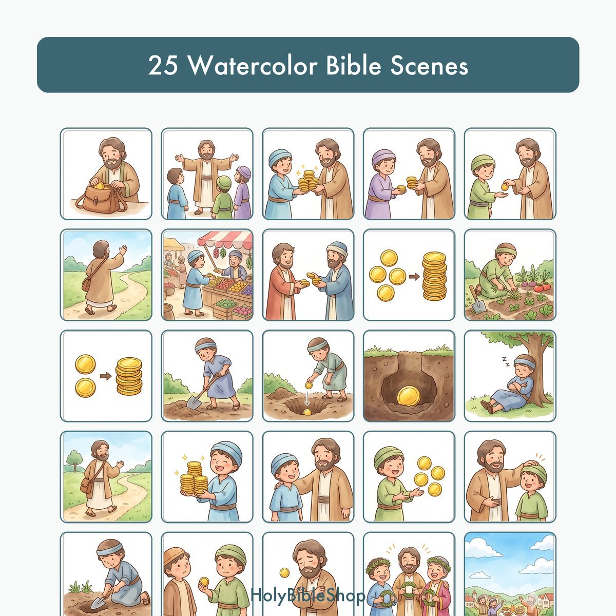 The Talents Bingo | Printable Bible Bingo Game for Kids | 60 Cards Sunday School VBS Christian Watercolor PDF — image 3