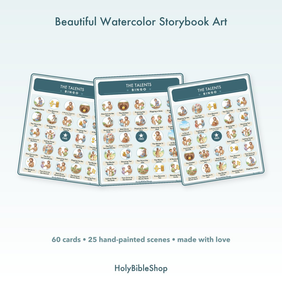 The Talents Bingo | Printable Bible Bingo Game for Kids | 60 Cards Sunday School VBS Christian Watercolor PDF — image 7