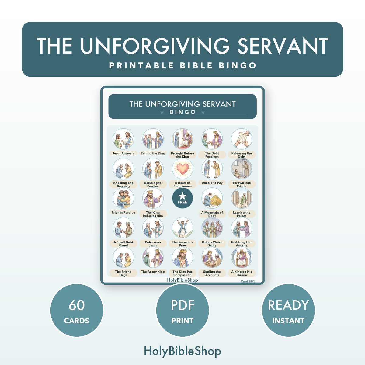 The Unforgiving Servant Bingo | Bible Bingo Game for Kids | 60 Cards Sunday School VBS Christian Watercolor PDF
