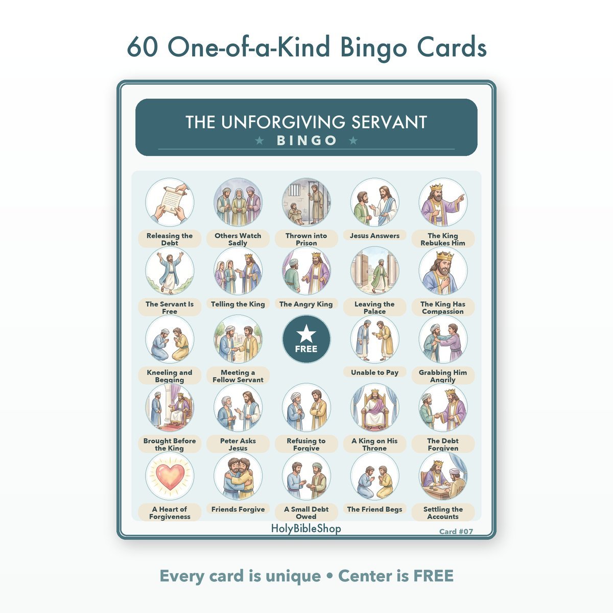 The Unforgiving Servant Bingo | Bible Bingo Game for Kids | 60 Cards Sunday School VBS Christian Watercolor PDF — image 2