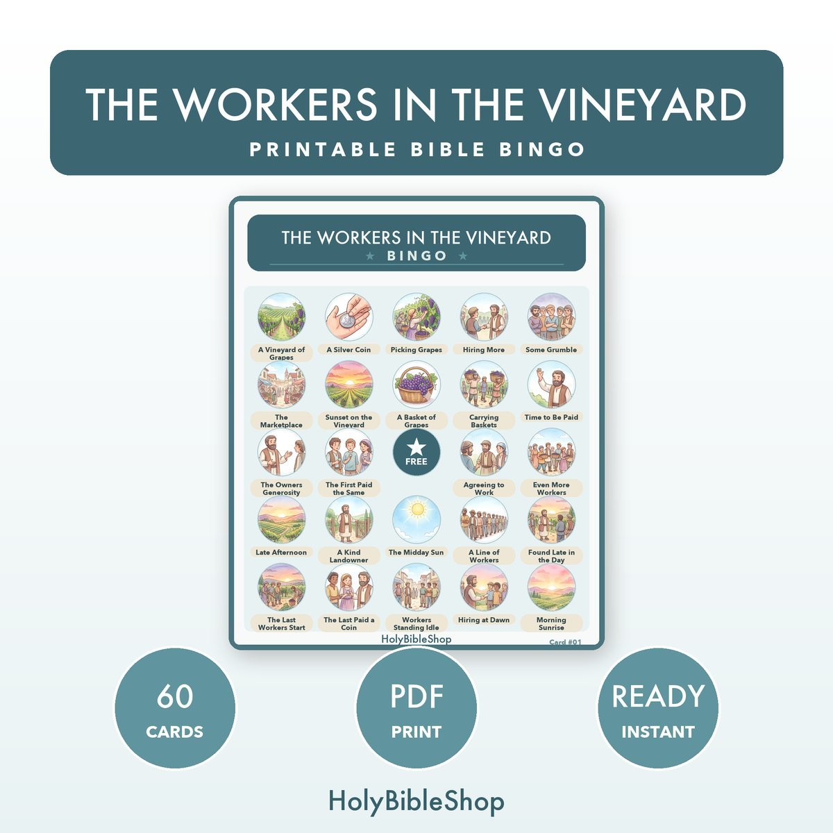 The Workers in the Vineyard Bingo | Bible Bingo Game for Kids | 60 Cards Sunday School VBS Christian Watercolor PDF